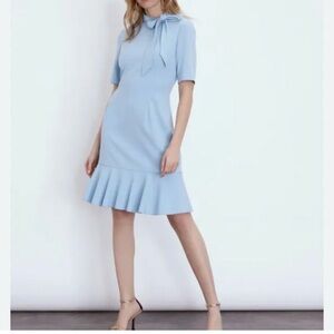 Adrianna Papell Blue Mist Knit Crepe Tie Neck Dress NWT